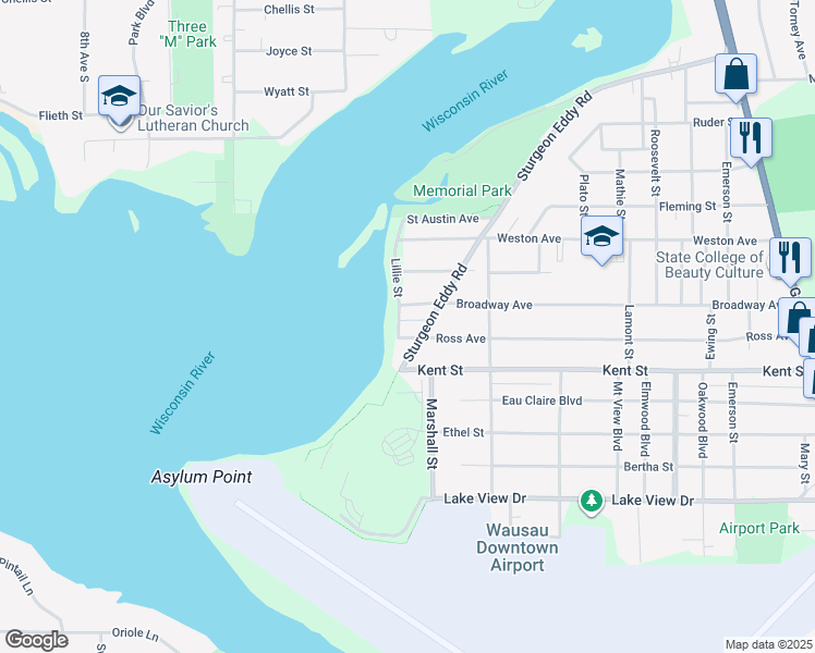 map of restaurants, bars, coffee shops, grocery stores, and more near 2113 Lillie St in Wausau