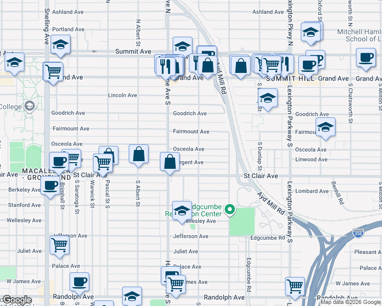 map of restaurants, bars, coffee shops, grocery stores, and more near 1294 Osceola Avenue in Saint Paul