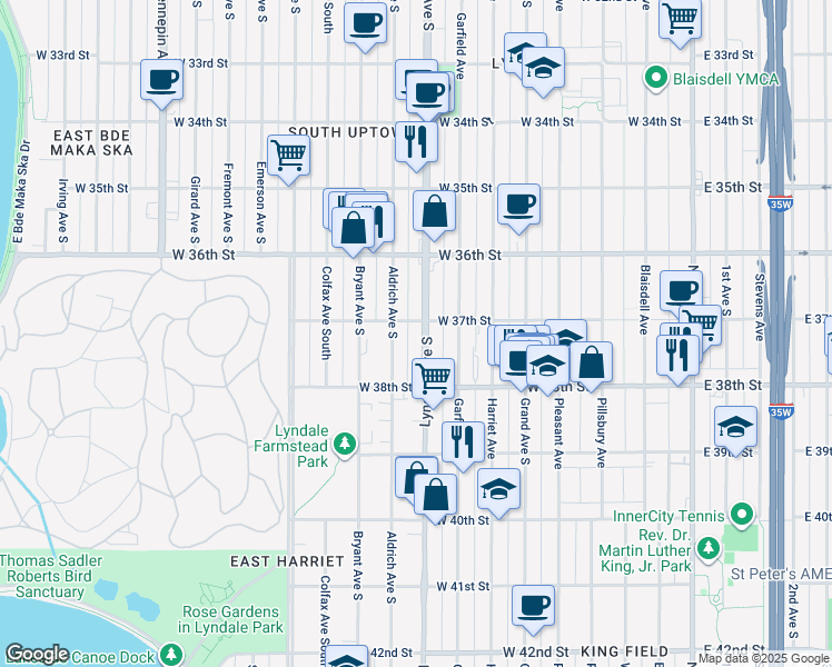 map of restaurants, bars, coffee shops, grocery stores, and more near 3708 Lyndale Avenue South in Minneapolis