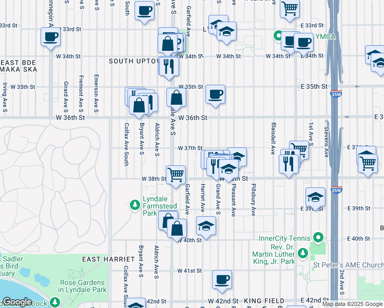 map of restaurants, bars, coffee shops, grocery stores, and more near 3709 Garfield Avenue in Minneapolis