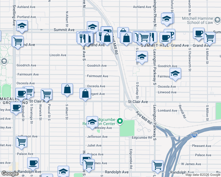 map of restaurants, bars, coffee shops, grocery stores, and more near 1250 Osceola Avenue in Saint Paul