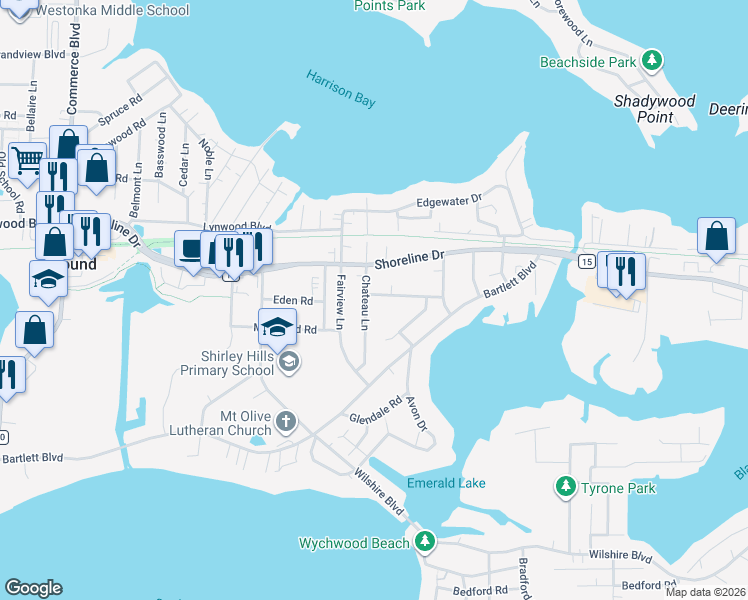 map of restaurants, bars, coffee shops, grocery stores, and more near 5063 Woodridge Road in Mound
