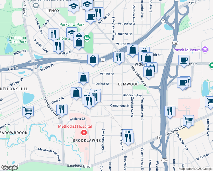 map of restaurants, bars, coffee shops, grocery stores, and more near 6221 Oxford Street in St. Louis Park