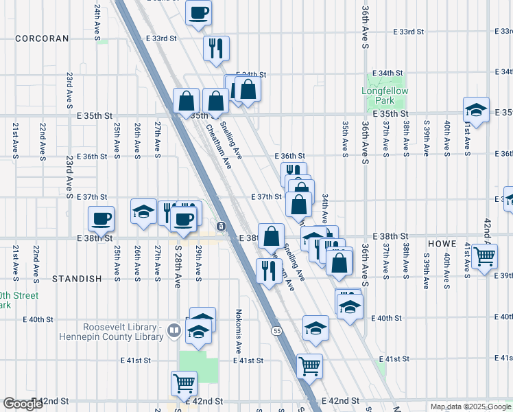 map of restaurants, bars, coffee shops, grocery stores, and more near 3715 Dight Avenue in Minneapolis
