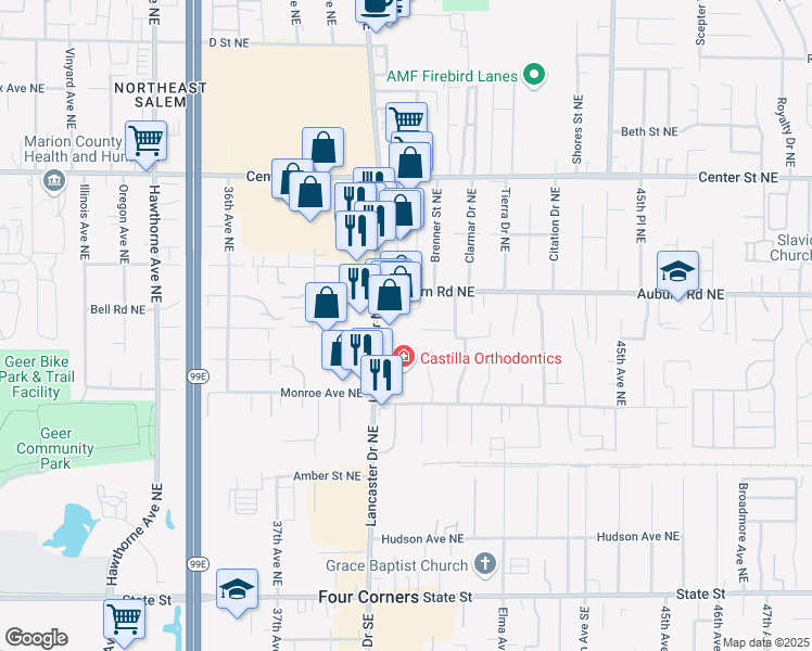 map of restaurants, bars, coffee shops, grocery stores, and more near 460 Lancaster Drive Northeast in Salem