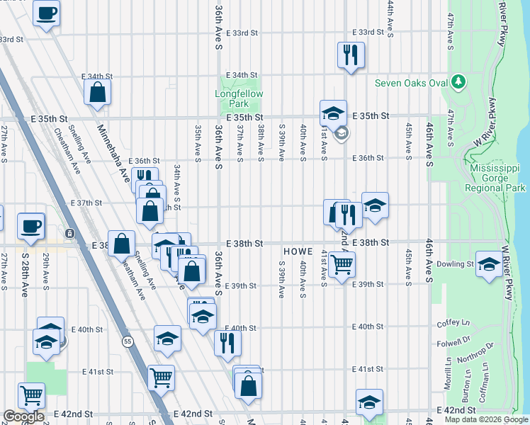 map of restaurants, bars, coffee shops, grocery stores, and more near 3705 38th Avenue South in Minneapolis
