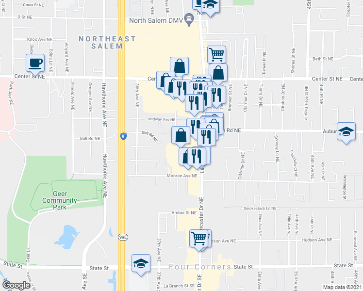 map of restaurants, bars, coffee shops, grocery stores, and more near 3896 Auburn Road Northeast in Salem