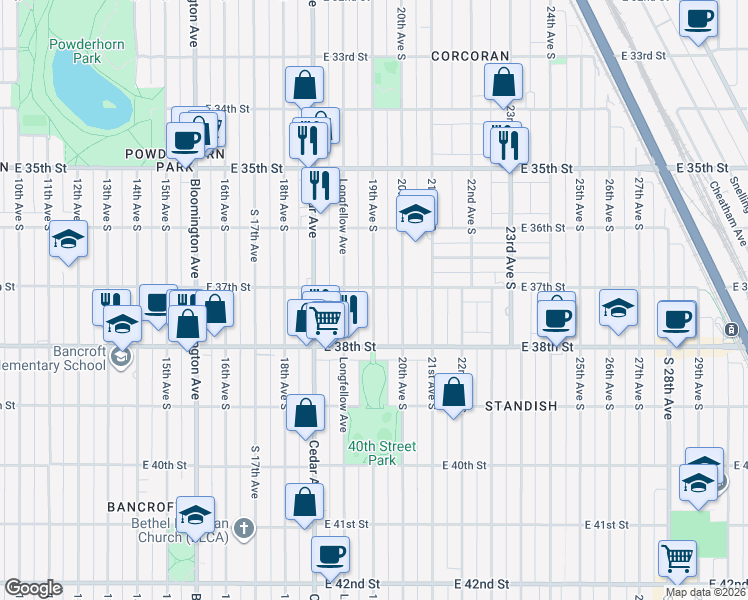 map of restaurants, bars, coffee shops, grocery stores, and more near 3709 South 19th Avenue in Minneapolis