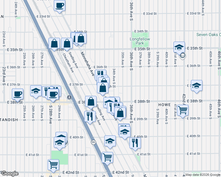 map of restaurants, bars, coffee shops, grocery stores, and more near 3327 East 37th Street in Minneapolis