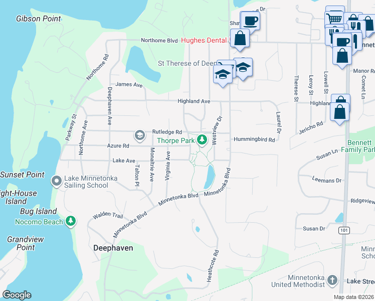 map of restaurants, bars, coffee shops, grocery stores, and more near 3720 Hamilton Avenue in Wayzata