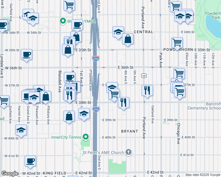 map of restaurants, bars, coffee shops, grocery stores, and more near 3701 3rd Avenue South in Minneapolis