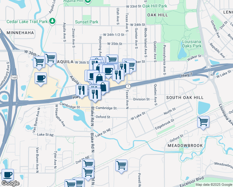 map of restaurants, bars, coffee shops, grocery stores, and more near 8115 Minnesota 7 in St. Louis Park