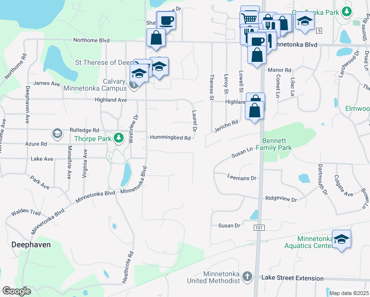 map of restaurants, bars, coffee shops, grocery stores, and more near 18000 Fairhomes Lane in Wayzata
