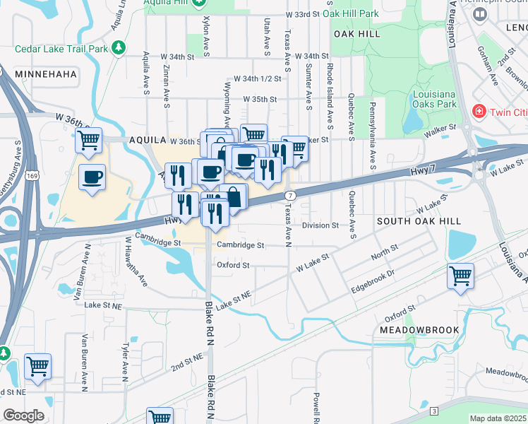 map of restaurants, bars, coffee shops, grocery stores, and more near 8115 Minnesota 7 in St. Louis Park