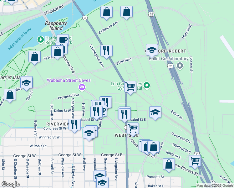 map of restaurants, bars, coffee shops, grocery stores, and more near 58 E Wood St in St Paul