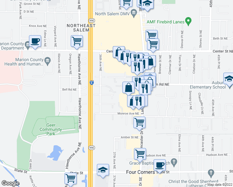 map of restaurants, bars, coffee shops, grocery stores, and more near 3742 Bell Road Northeast in Salem