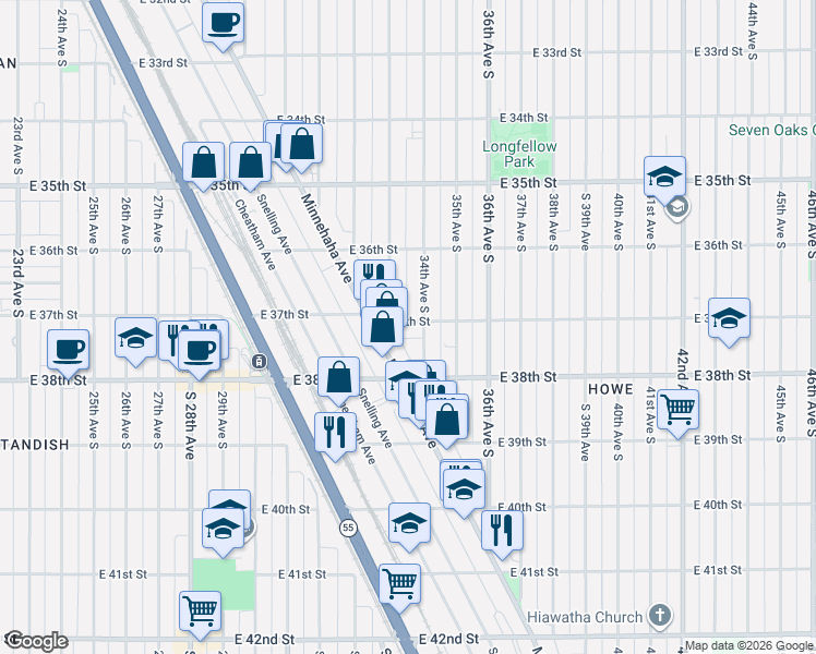 map of restaurants, bars, coffee shops, grocery stores, and more near 3327 East 37th Street in Minneapolis