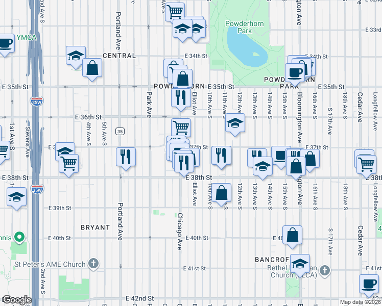 map of restaurants, bars, coffee shops, grocery stores, and more near 3715 Elliot Avenue in Minneapolis