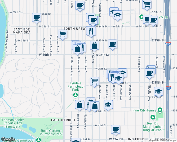 map of restaurants, bars, coffee shops, grocery stores, and more near 721 West 37th Street in Minneapolis