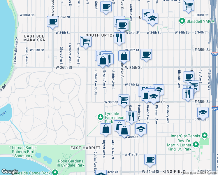 map of restaurants, bars, coffee shops, grocery stores, and more near 721 West 37th Street in Minneapolis