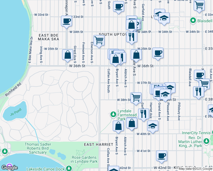 map of restaurants, bars, coffee shops, grocery stores, and more near 3708 Colfax Avenue South in Minneapolis