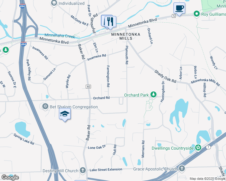 map of restaurants, bars, coffee shops, grocery stores, and more near 3739 Farmington Road in Minnetonka