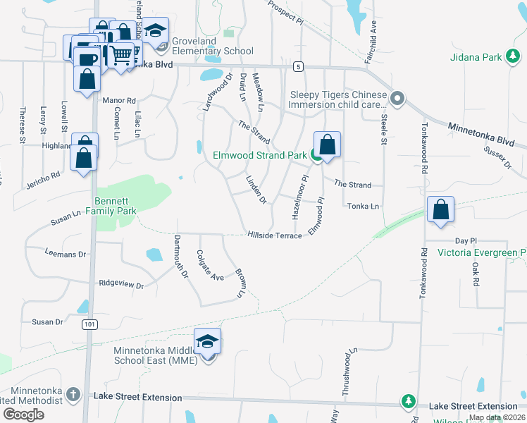 map of restaurants, bars, coffee shops, grocery stores, and more near 3724 Fairlawn Drive in Minnetonka
