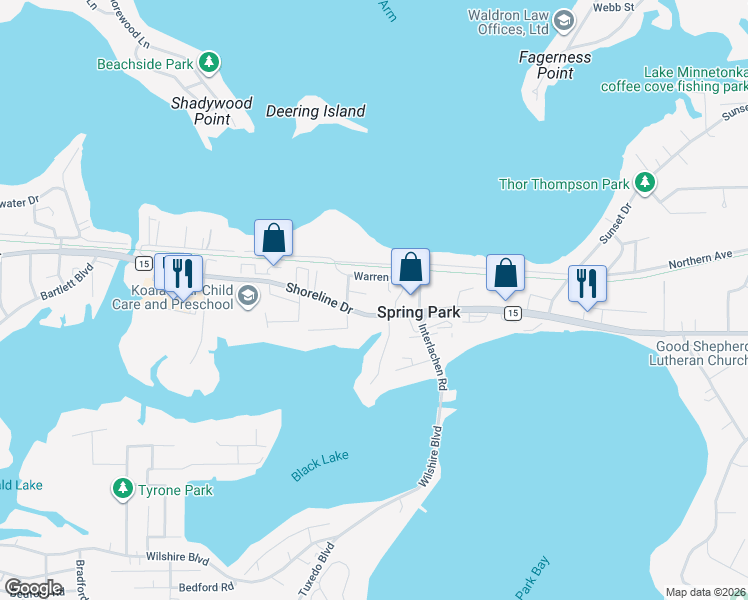 map of restaurants, bars, coffee shops, grocery stores, and more near in Spring Park