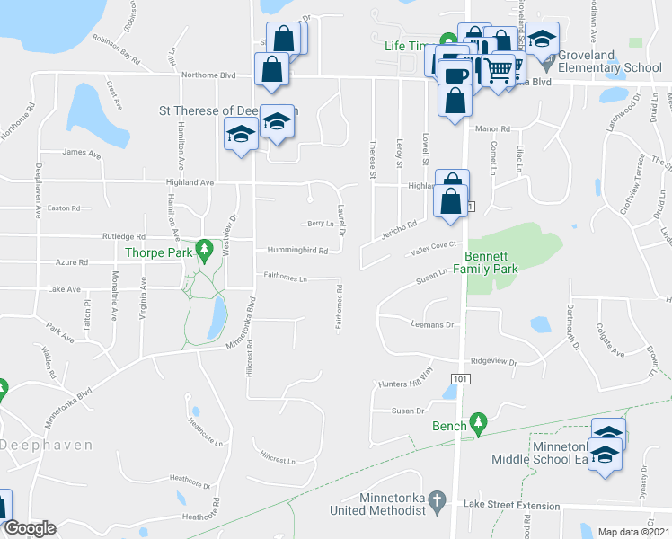 map of restaurants, bars, coffee shops, grocery stores, and more near 18000 Fairhomes Lane in Wayzata