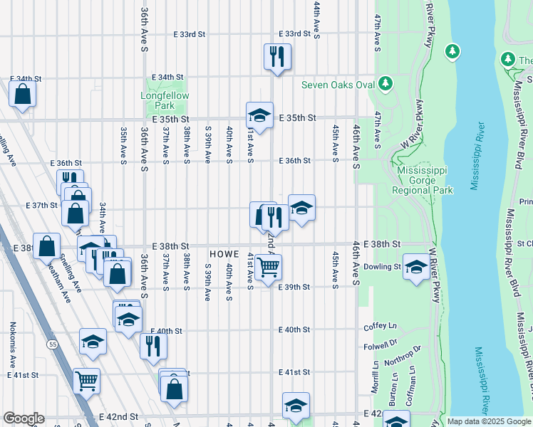 map of restaurants, bars, coffee shops, grocery stores, and more near 3704 42nd Avenue South in Minneapolis