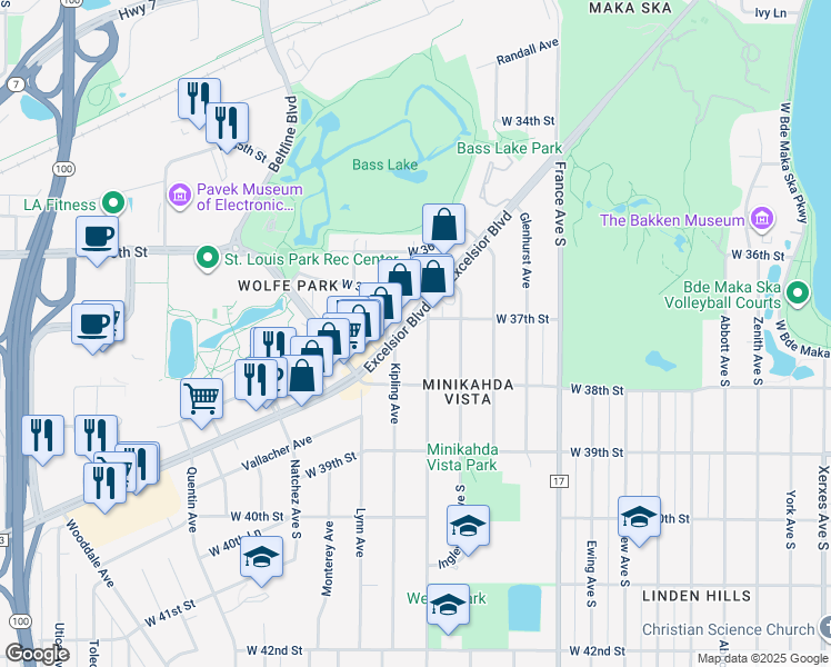 map of restaurants, bars, coffee shops, grocery stores, and more near 4317 Excelsior Boulevard in Minneapolis
