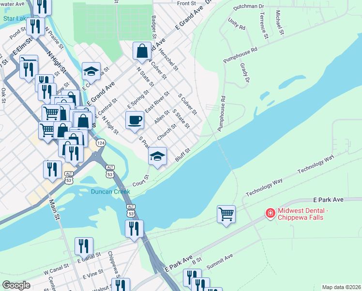 map of restaurants, bars, coffee shops, grocery stores, and more near 310 South Rural Street in Chippewa Falls