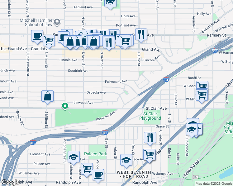 map of restaurants, bars, coffee shops, grocery stores, and more near 685 Osceola Avenue in Saint Paul
