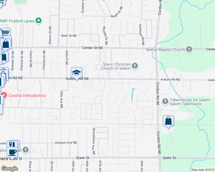 map of restaurants, bars, coffee shops, grocery stores, and more near 4712 Auburn Road Northeast in Salem