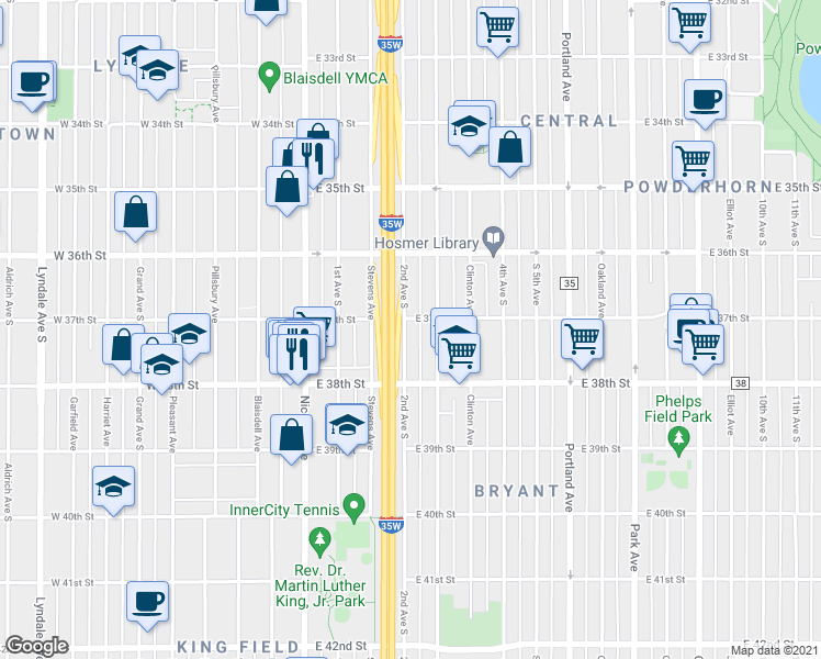 map of restaurants, bars, coffee shops, grocery stores, and more near 3709 2nd Avenue South in Minneapolis