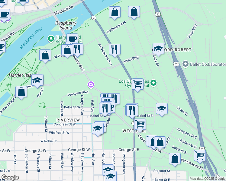 map of restaurants, bars, coffee shops, grocery stores, and more near 2 East Wood Street in Saint Paul