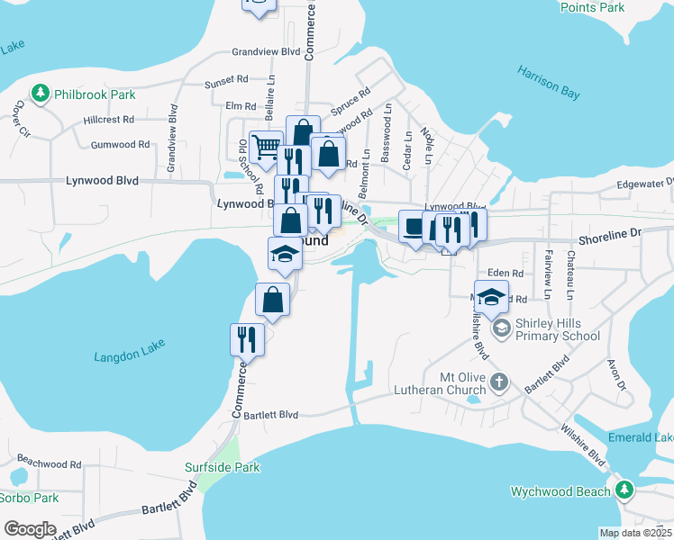 map of restaurants, bars, coffee shops, grocery stores, and more near 2362 Commerce Boulevard in Mound