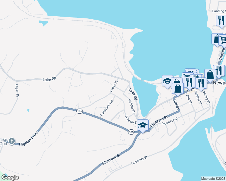 map of restaurants, bars, coffee shops, grocery stores, and more near 36 Cross Street in Newport