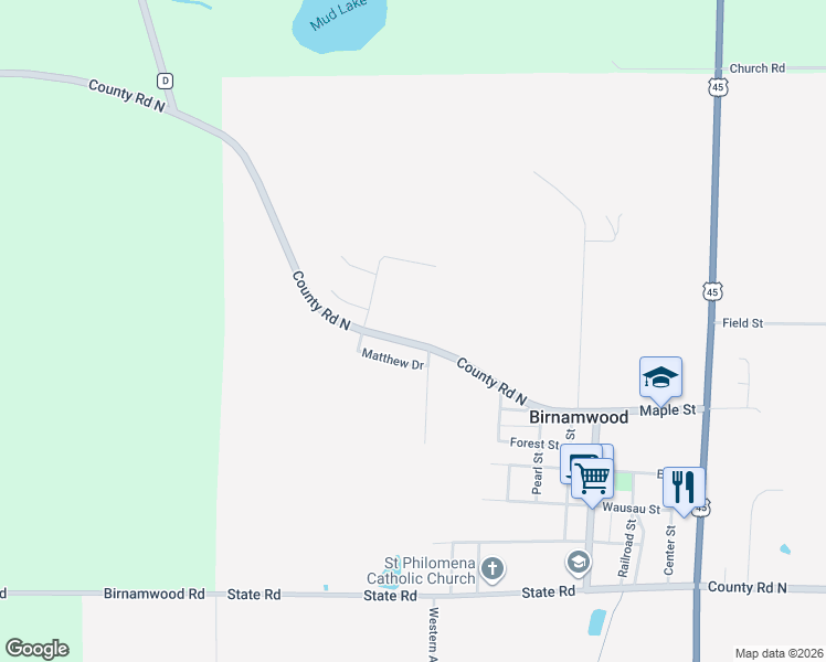 map of restaurants, bars, coffee shops, grocery stores, and more near 518 County Road North in Birnamwood
