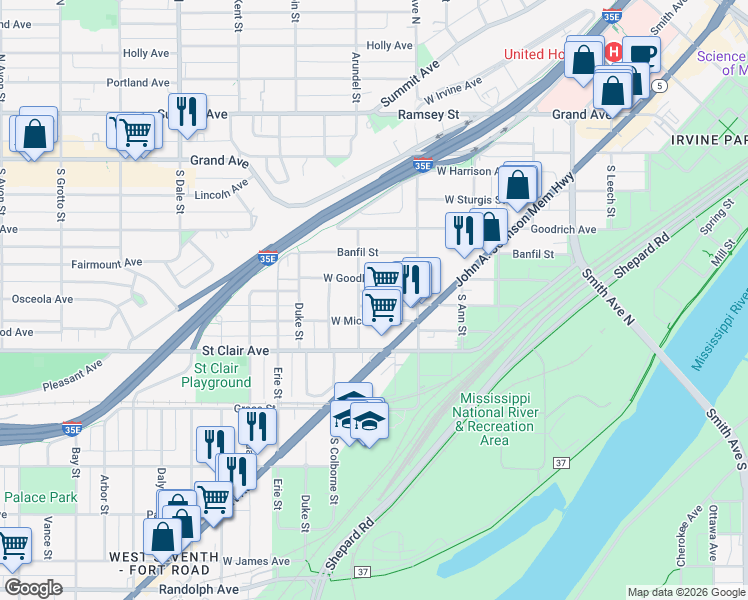 map of restaurants, bars, coffee shops, grocery stores, and more near 195 Richmond Street in Saint Paul