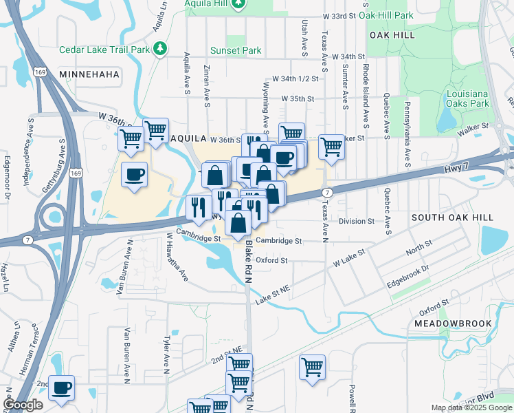 map of restaurants, bars, coffee shops, grocery stores, and more near 8440 Highway 7 in Saint Louis Park