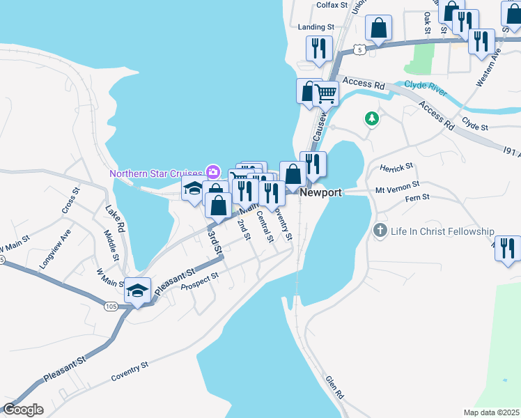 map of restaurants, bars, coffee shops, grocery stores, and more near 48 Coventry Street in Newport