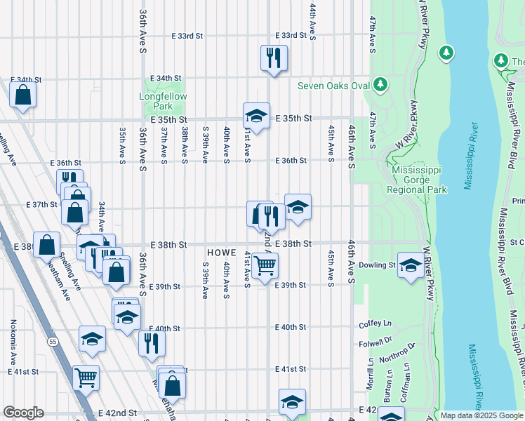 map of restaurants, bars, coffee shops, grocery stores, and more near 3704 42nd Avenue South in Minneapolis