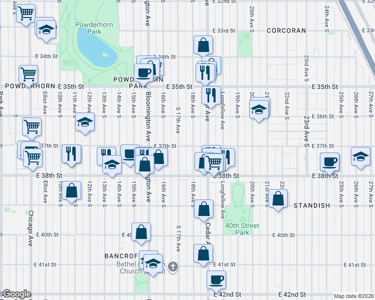 map of restaurants, bars, coffee shops, grocery stores, and more near 3712 18th Avenue South in Minneapolis