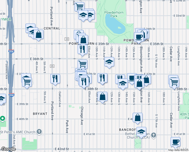 map of restaurants, bars, coffee shops, grocery stores, and more near 3715 Elliot Avenue in Minneapolis