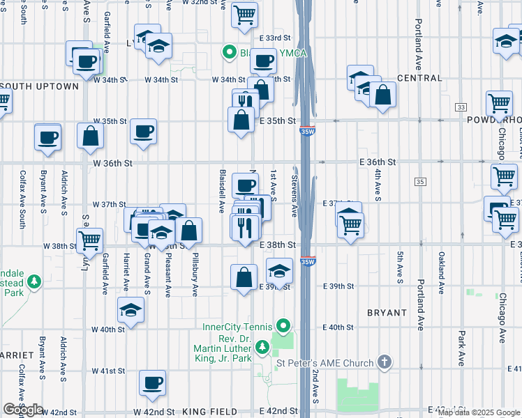 map of restaurants, bars, coffee shops, grocery stores, and more near 3711 Nicollet Avenue in Minneapolis