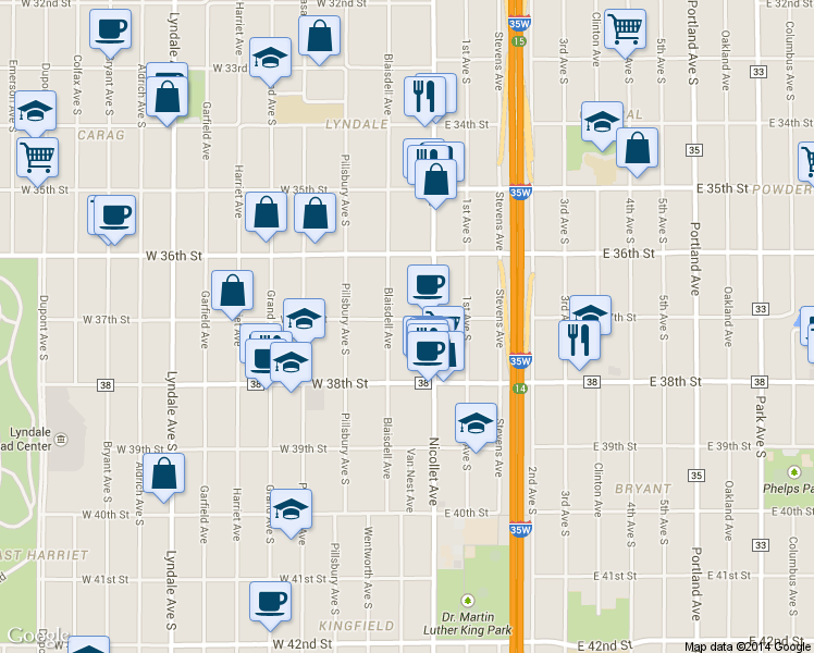map of restaurants, bars, coffee shops, grocery stores, and more near 3715 Blaisdell Avenue in Minneapolis