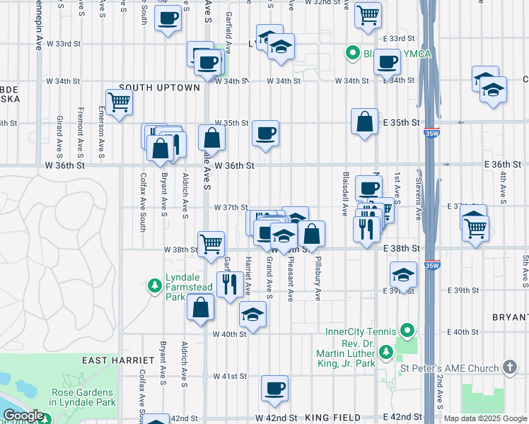 map of restaurants, bars, coffee shops, grocery stores, and more near 3706 Grand Avenue South in Minneapolis