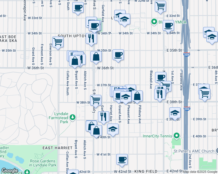 map of restaurants, bars, coffee shops, grocery stores, and more near 3715 Garfield Avenue in Minneapolis