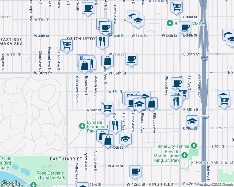 map of restaurants, bars, coffee shops, grocery stores, and more near 3715 Garfield Avenue in Minneapolis